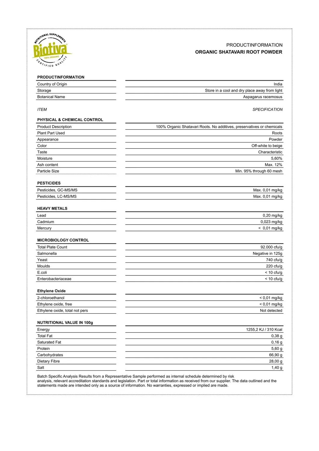 Biotiva Shatavari Bio Pulver indischer Spargel