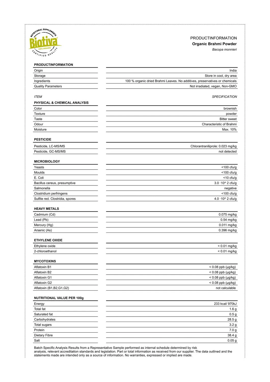 Biotiva Brahmi Pulver Bio Gedächtnispflanze