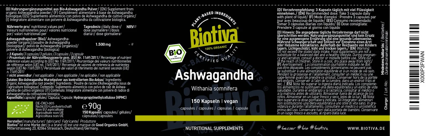 Biotiva Ashwagandha Kapseln Bio vegan