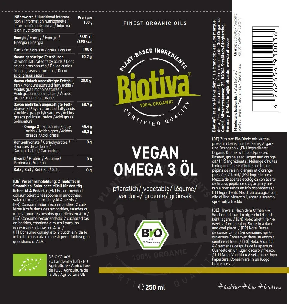 Biotiva Omega 3 Vegan Öl Bio 250ml mit Orange