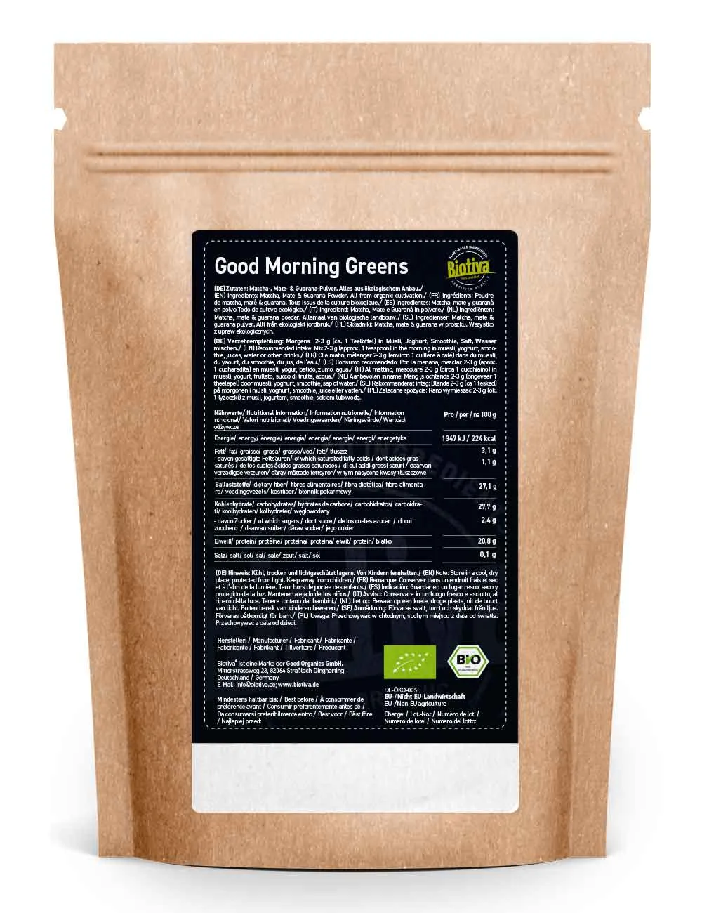 Biotiva Good Morning Greens Pulver 250g mit Mate Matcha Guarana