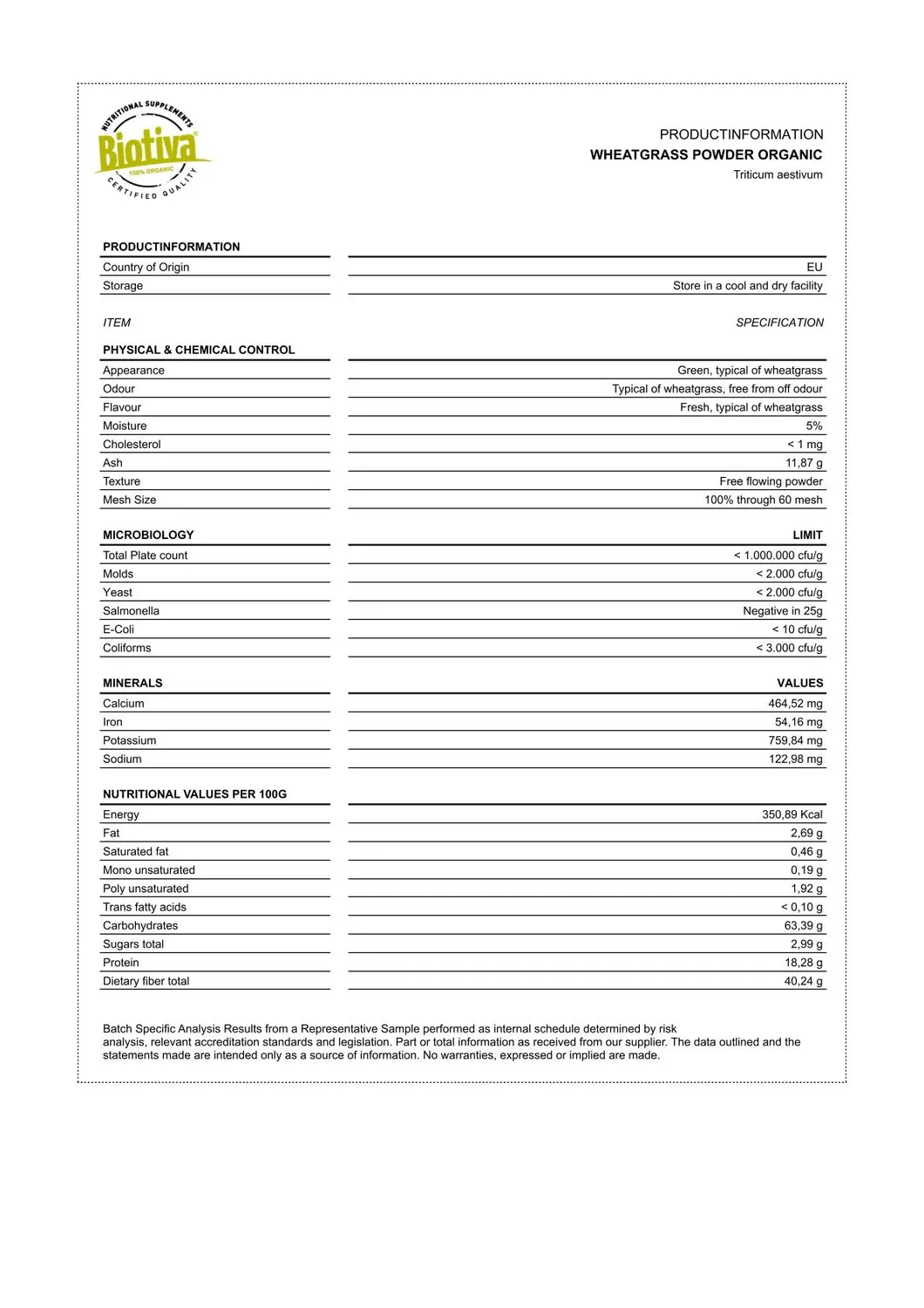 Biotiva Weizengras Pulver Bio schonend getrocknet