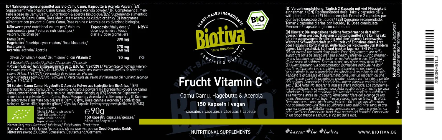 Biotiva Acerola Camu Hagebutte Bio Kapseln 150 vegan
