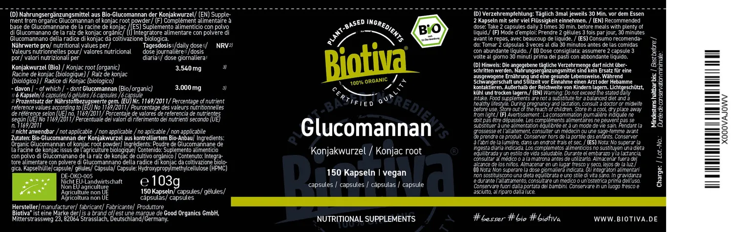 Biotiva Glucomannan Kapseln Bio 150 Stück vegan