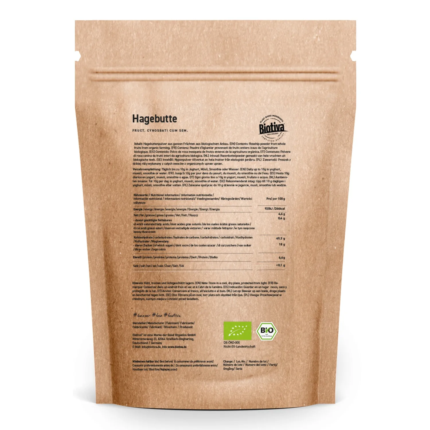 Biotiva Hagebutten Pulver aus ganzen Früchten