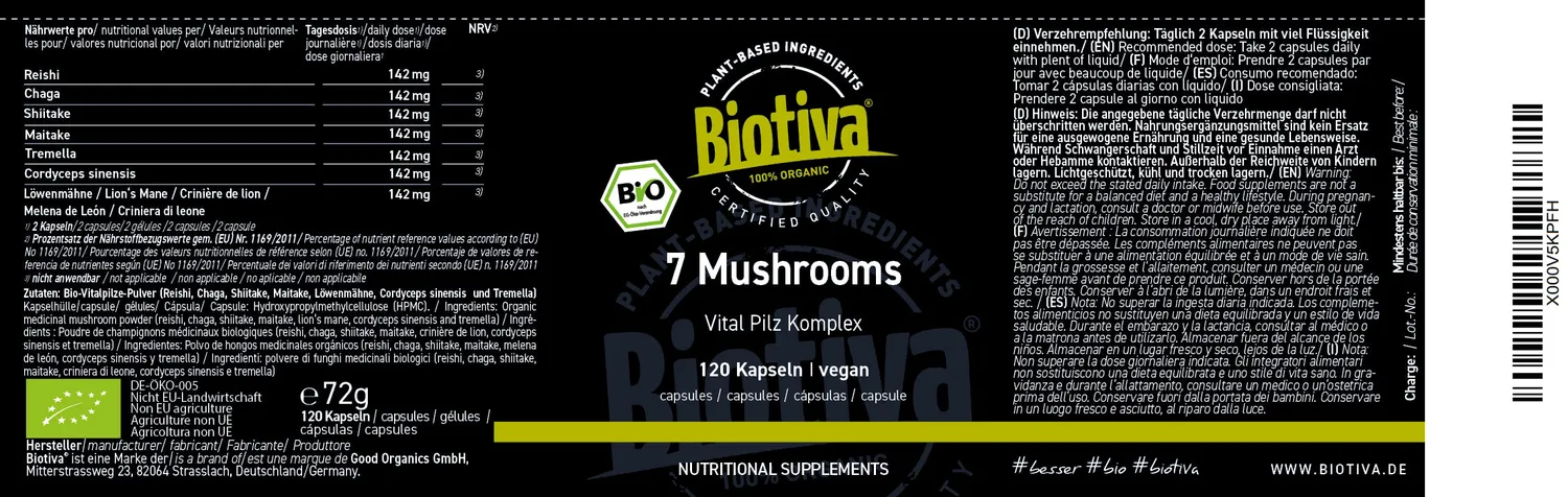 Biotiva 7 Mushrooms Bio Kapseln vegan