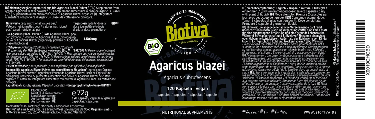 Biotiva Agaricus blazei Bio Kapseln vegan
