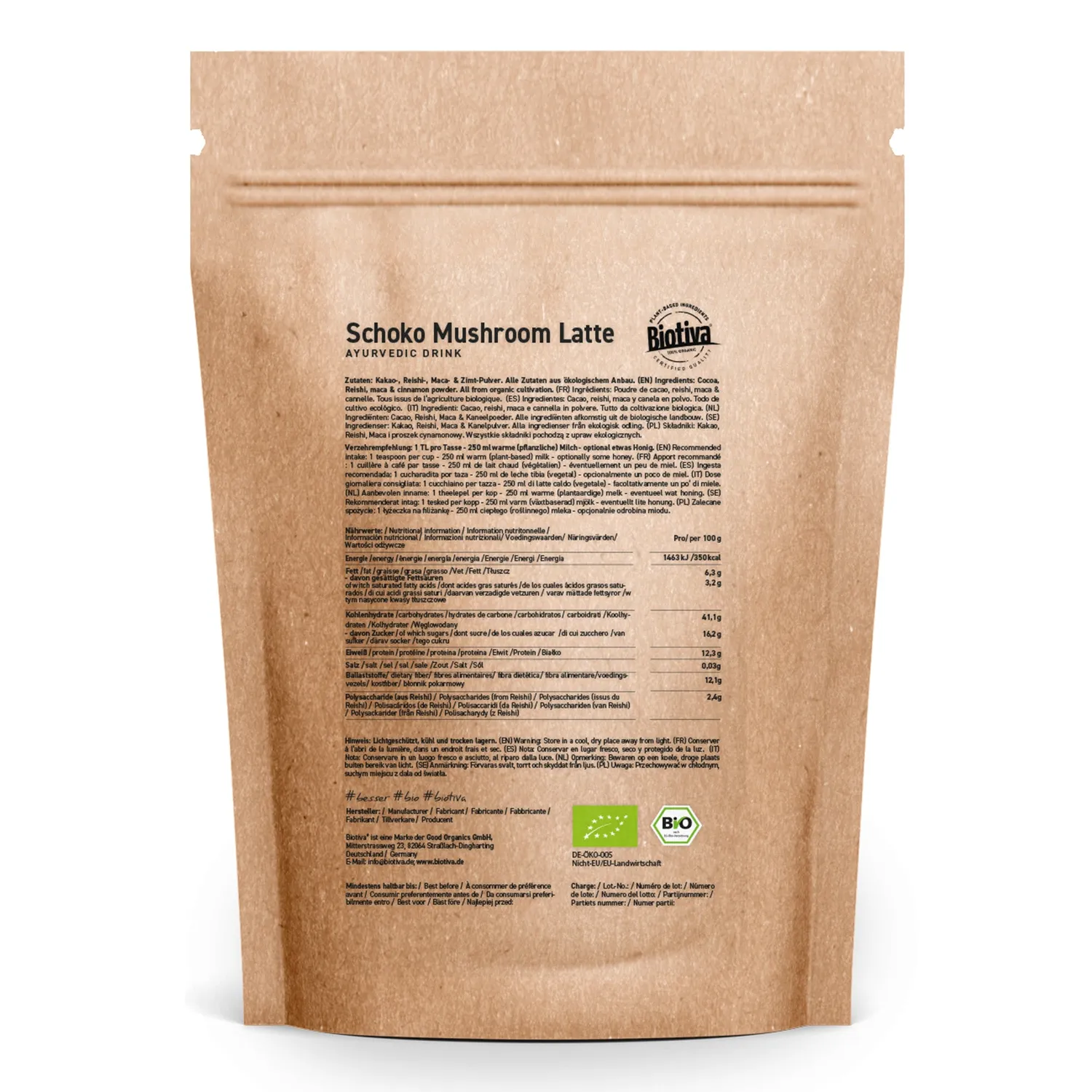Biotiva Schoko Mushroom Latte Pulver 100g zuckerfrei