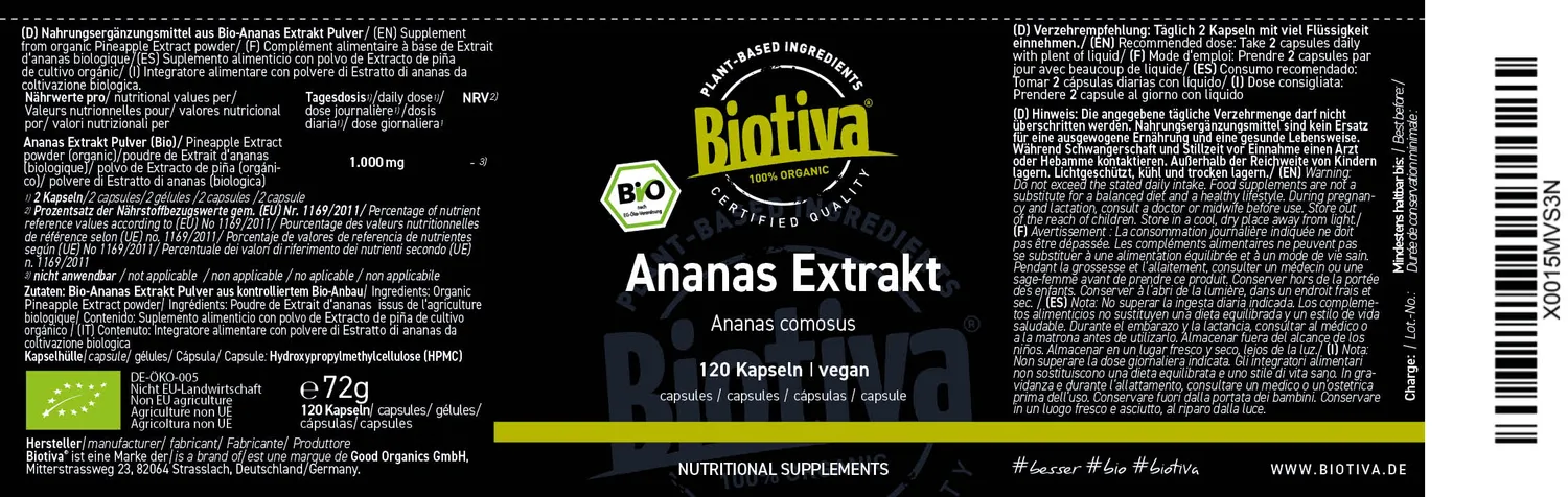 Biotiva Ananas Extrakt Bio Kapseln 120 Kapseln vegan