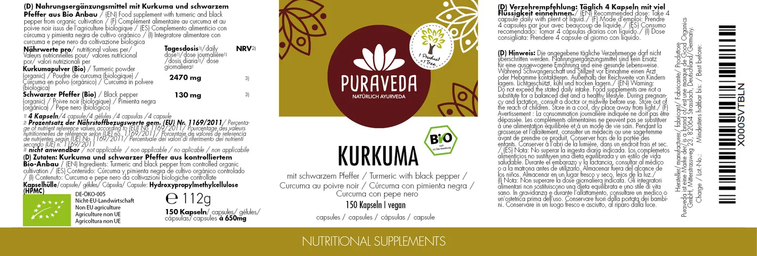 Biotiva Puraveda Kurkuma mit Pfeffer Bio 150 Kapseln