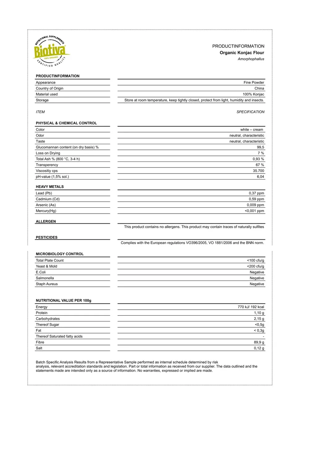 Biotiva Konjak Pulver Bio mit Glucomannan