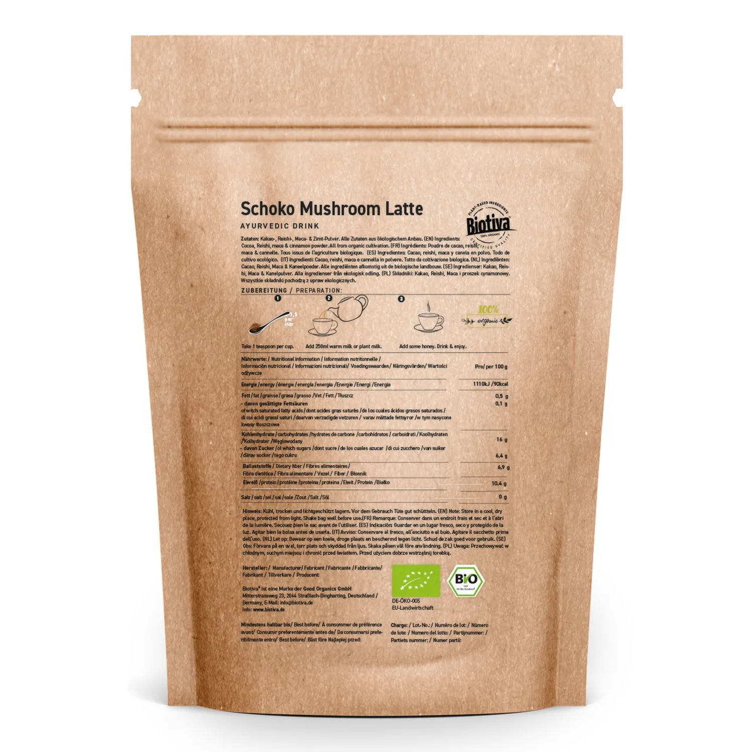 Biotiva Schoko Mushroom Latte Pulver 100g zuckerfrei