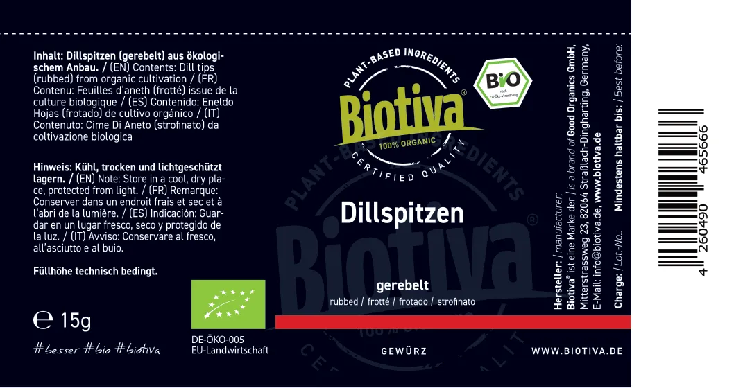 Biotiva Dillspitzen gerebelt Bio Gewürz 15g Glasstreuer